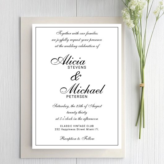 Classic elegant script black and white wedding kaart