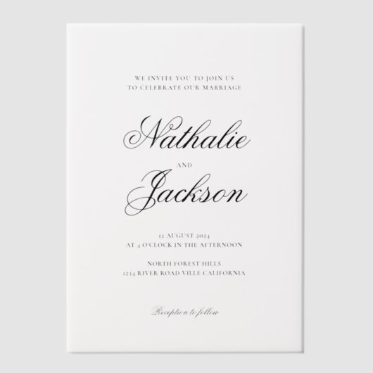 Classic Elegant Script Photo Wedding Vellum Uitnodigingen (Voorkant)