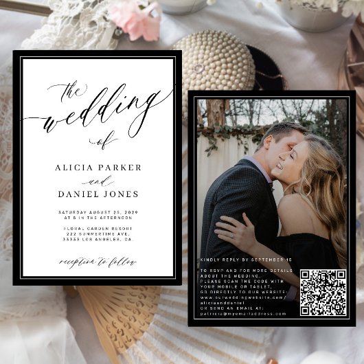 Classic elegant script QR code photo wedding Kaart