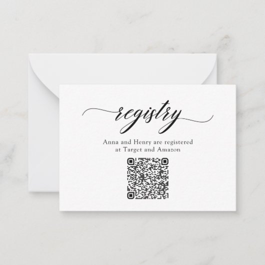 Classic Elegant Script QR Code Shower Registry Notitiekaartje (Voorkant)