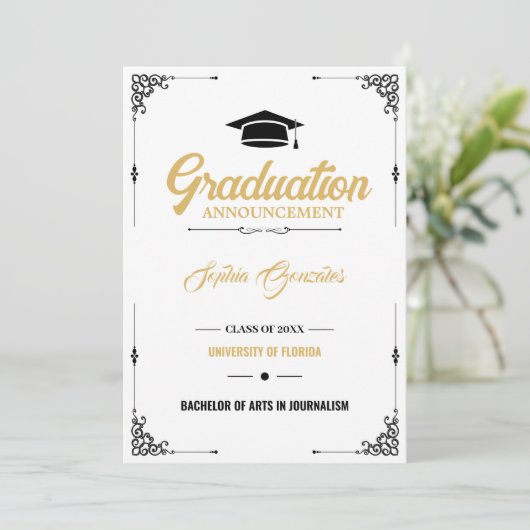 Classic Elegant Script Wit Afstuderen Aankondiging (Staand voorkant)