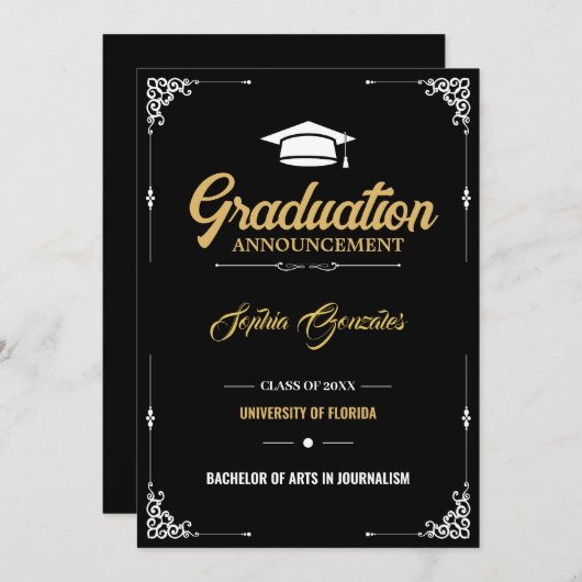 Classic Elegant Script Zwart Afstuderen Aankondiging (Voorkant / Achterkant)