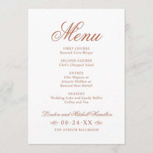 Classic Elegant Terracotta Sinaasappel Wedding Mon Menu (Voorkant)