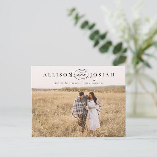 Classic Elegant Typography Names Photo Wedding Sav Aankondigingskaart (Staand voorkant)