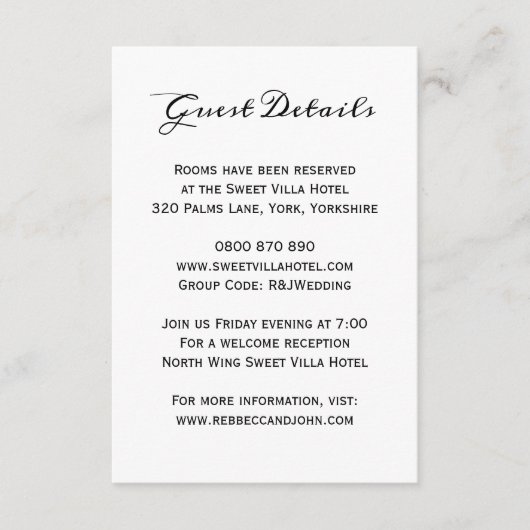 Classic Elegant Wedding Guest Hotel - Details Kaar Informatiekaartje (Voorkant)