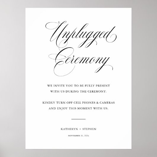 Classic Elegant Wedding Unplugged Ceremony Sign Poster (Voorkant)