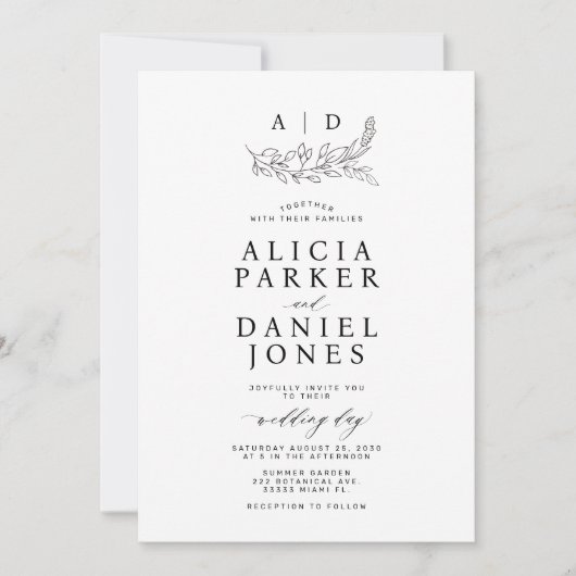 Classic elegant white black monogram wedding kaart (Voorkant)