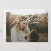 Classic Elegant White Navy Blue Calligraphy Photo Save The Date (Voorkant)