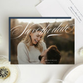 Classic Elegant White Navy Blue Calligraphy Photo Save The Date