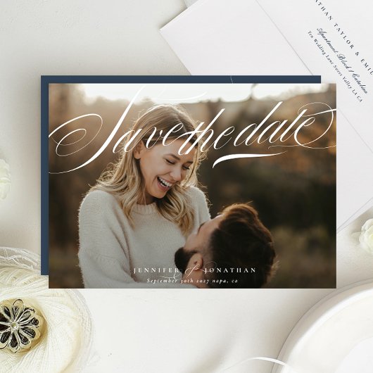 Classic Elegant White Navy Blue Calligraphy Photo Save The Date
