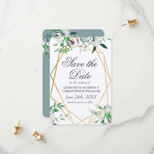 Classic Elegant White Rose Flat Save the Date Kaar (Voorkant / Achterkant in situ)