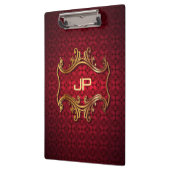 Classic Elegant Zwart Rood Damast Monogram Sjabloo Klembord (Links)