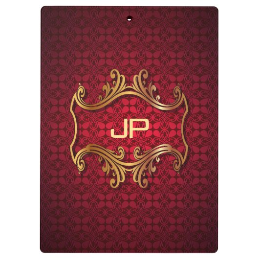 Classic Elegant Zwart Rood Damast Monogram Sjabloo Klembord (Achterkant)