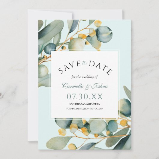 Classic Elegante Waterverf Eucalyptus Boho Bruilof Save The Date (Voorkant)