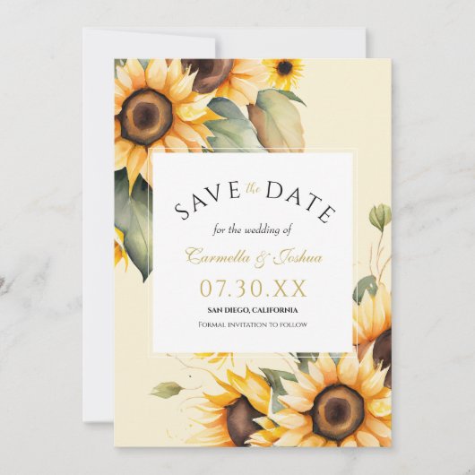Classic Elegante Waterverf Zonnebloem Boho Bruilof Save The Date (Voorkant)