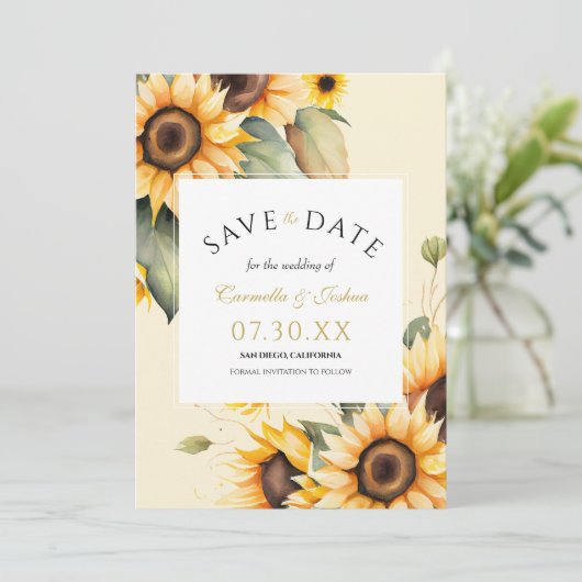 Classic Elegante Waterverf Zonnebloem Boho Bruilof Save The Date (Staand voorkant)
