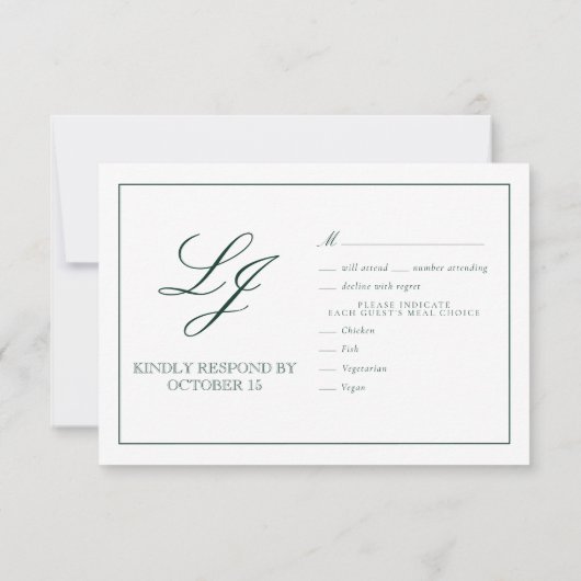 Classic Emerald Green Calligraphy Monogram Weddens RSVP Kaartje (Achterkant)