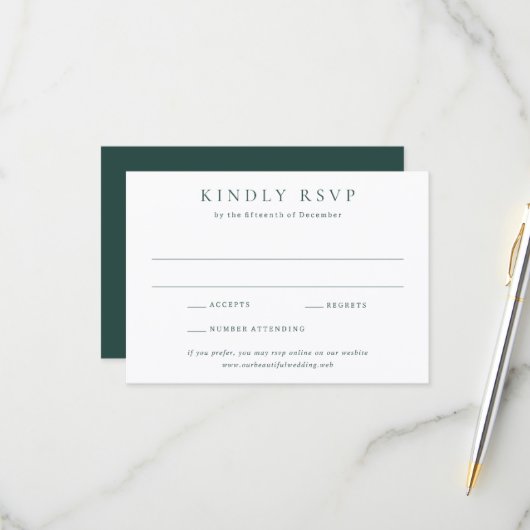 Classic Emerald Green Simple Wedding RSVP Kaartje (Voorkant / Achterkant in situ)