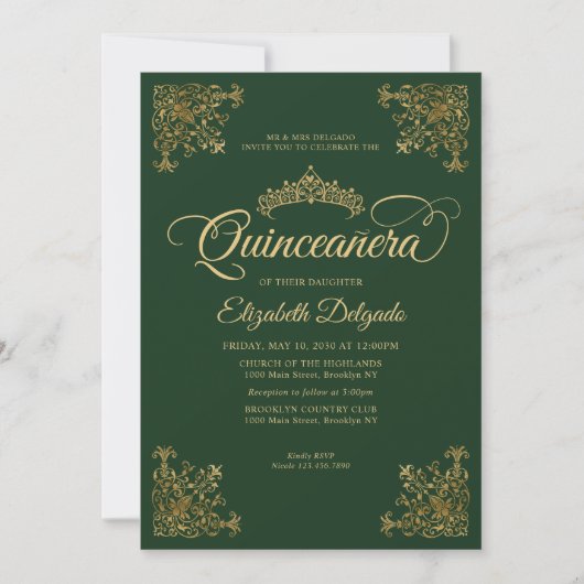 Classic Emerald Groen Goud Lijst Tiara Quinceanera Kaart (Voorkant)