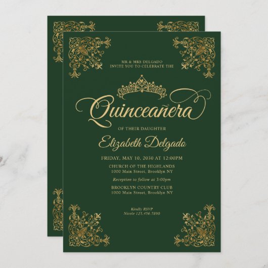 Classic Emerald Groen Goud Lijst Tiara Quinceanera Kaart (Voorkant / Achterkant)