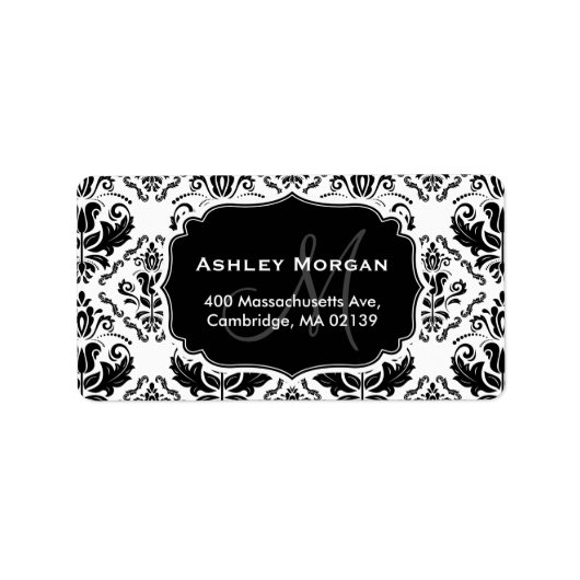 Classic en Chic Black White Damask Monogram Naam Etiket (Voorkant)