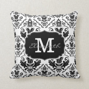 Classic en Chic Black White Damask Monogram Naam Kussen