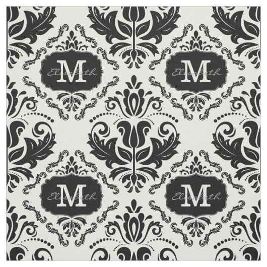 Classic en Chic Black White Damask Monogram Naam Stof (Swatch)