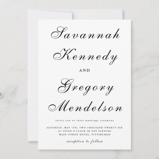 Classic en elegant Script Black and White Wedding Kaart (Voorkant)