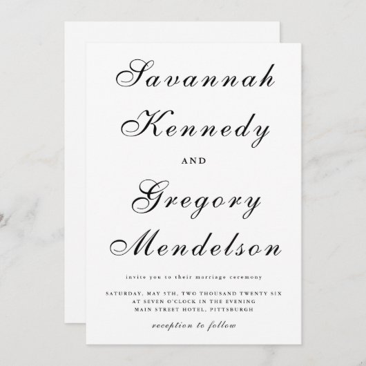Classic en elegant Script Black and White Wedding Kaart (Voorkant / Achterkant)