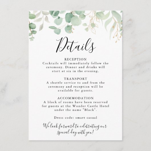 Classic Eucalyptus Gold Leaf Weddenschap - Gegeven Informatiekaartje (Voorkant)