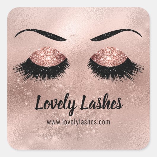Classic Eye Lashes Roos Gold Sparkle Glitter Logo Vierkante Sticker (Voorkant)