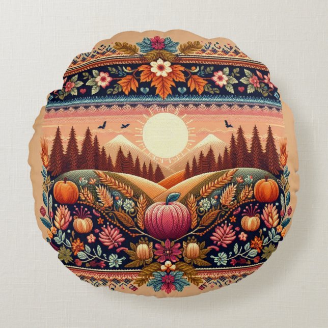 Classic Fair Isle Herfst/Herfst Rond Kussen (Voorkant)