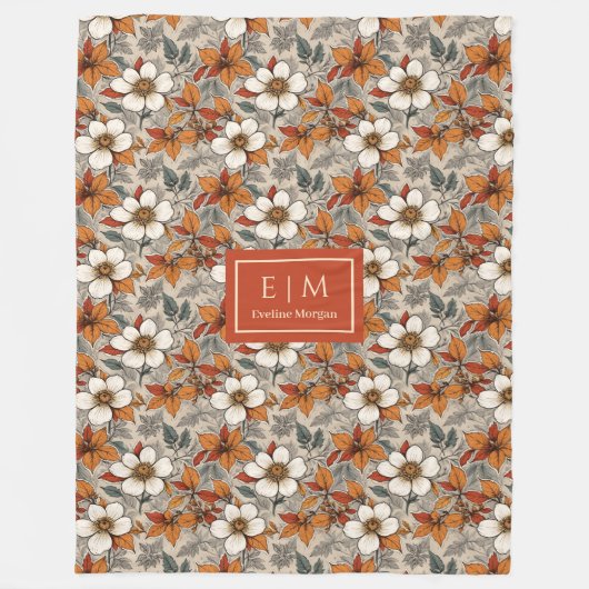 Classic Fall Flowers Olive Green Terracotta Blanke Fleece Deken (Voorkant)