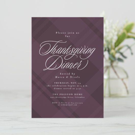 Classic fall purple plaid Thanksgiving Dinner Kaart (Staand voorkant)