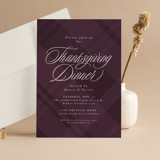 Classic fall purple plaid Thanksgiving Dinner Kaart