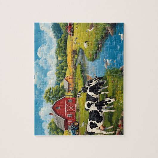 Classic Farm Scene Cows Red Barn Legpuzzel (Verticaal)