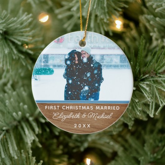 Classic Faux Wood 1st Christmas Wedding ornament (Boom)