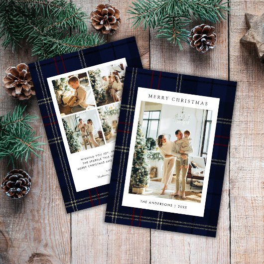 Classic Festive Navy Plaid 5 Photo Christmas Feestdagenkaart