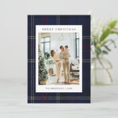 Classic Festive Navy Plaid 5 Photo Christmas Feestdagenkaart (Staand voorkant)