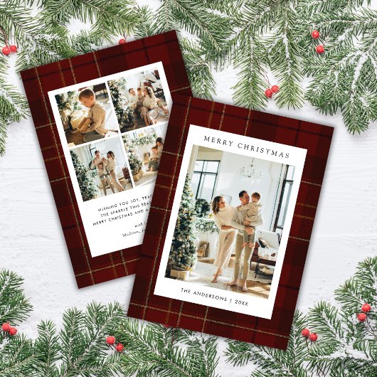 Classic Festive Red Plaid 5 Photo Christmas Feestdagenkaart