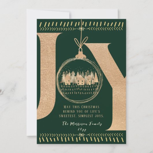 Classic Festive Touch Simple Green and Gold “JOY” Feestdagenkaart (Voorkant)