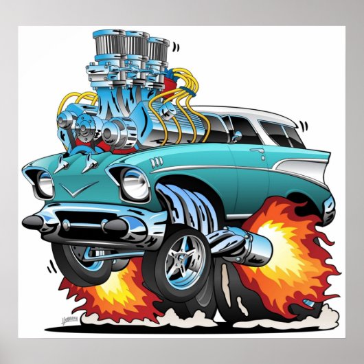 Classic Fifties Hot Rod Muscle Car Cartoon Poster (Voorkant)