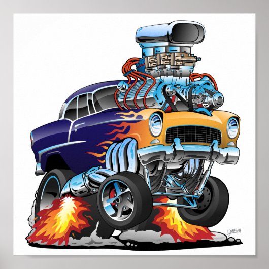 Classic Fifties Hot Rod Muscle Car Cartoon Poster (Voorkant)