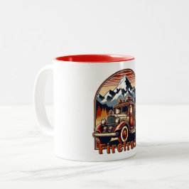 Classic Fire Truck & Mountain Tweekleurige Koffiemok