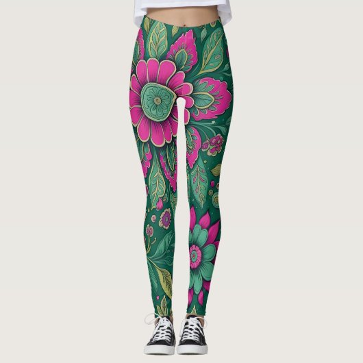 Classic Floral Art Roze Groen  Stijl Leggings (Voorkant)