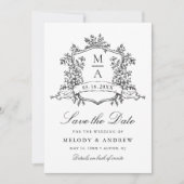 Classic Floral Crest Black & White Wedding Photo  Save The Date (Voorkant)