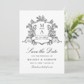 Classic Floral Crest Black & White Wedding Photo  Save The Date (Staand voorkant)
