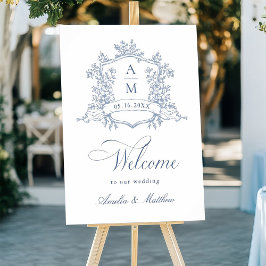 Classic Floral Crest Dusty Blue Wedding Welkom Poster
