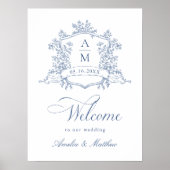 Classic Floral Crest Dusty Blue Wedding Welkom Poster (Voorkant)