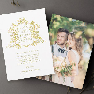 Classic Floral Crest Gouden Trouwfoto Bedankkaart